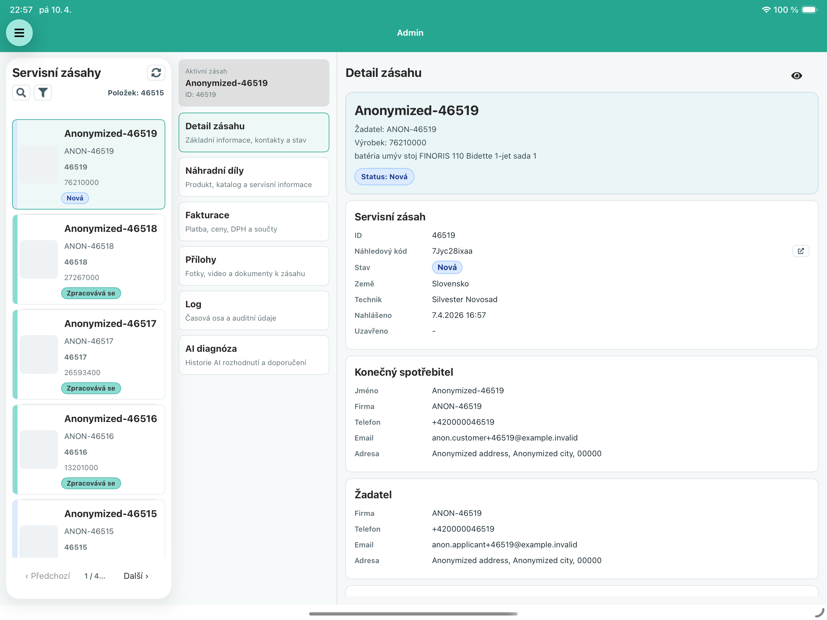 Admin modul iClub Hansgrohe pro iPad — přehled servisních zakázek a správa náhradních dílů