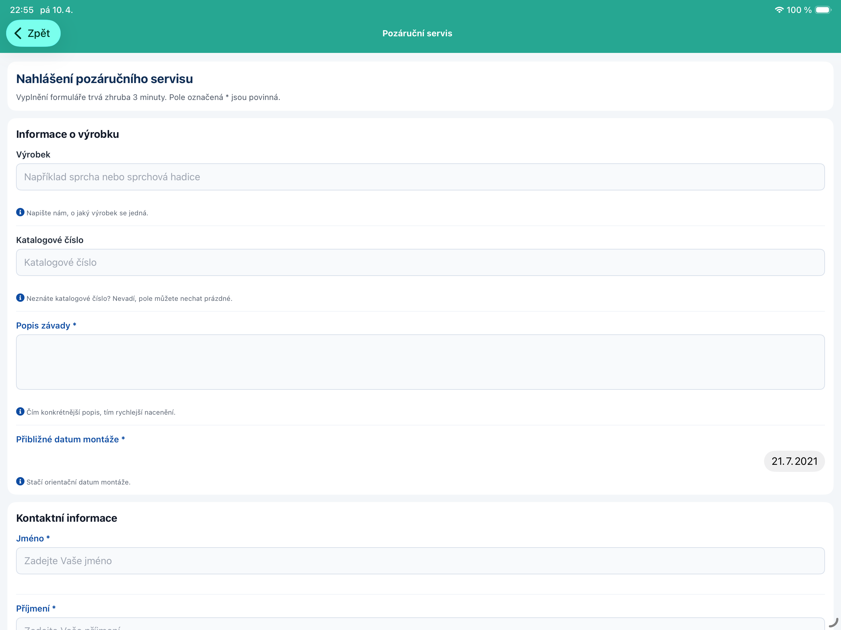 Formulář nahlášení pozáručního servisu v iPad aplikaci iClub Hansgrohe pro práci v terénu