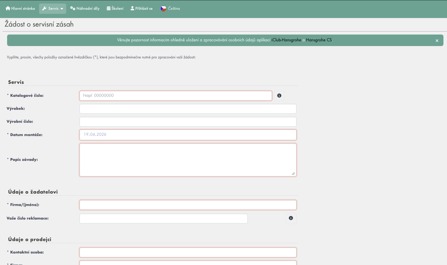 Webový formulář iClub Hansgrohe pro nahlášení pozáručního servisu zákazníkem